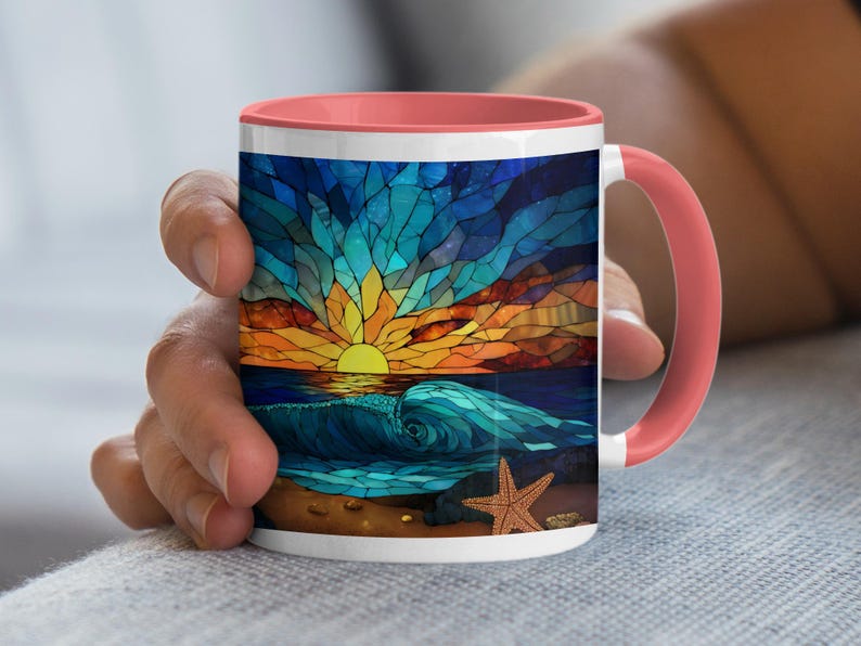 Ocean Sunset Mug, Starfish Wave Design, Beach Lovers Coffee Cup, Coastal Decor, Sea View Mug, Vibrant Colors, Unique Gift Idea