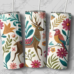 Otomi Deer Tumbler, Mexican Embroidery Floral, Bird Tumbler, Colorful Tumbler, Nature Tumbler, Gift For Her, Unique Tumbler, Art Tumbler