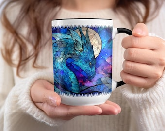 Dragon Mug: Blue, Stained Glass, Galaxy, Large 15oz Size, Distressed