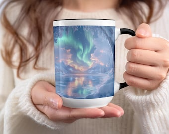 Winter Aurora Mug: Mountain Landscape, Frozen Lake, Northern Lights