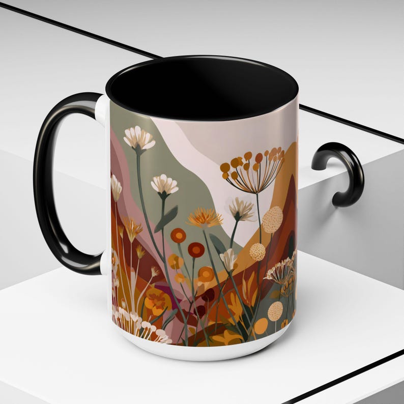 Boho Wildflower Botanical Mug, Abstract Floral Coffee Cup, Earthy Tones ...