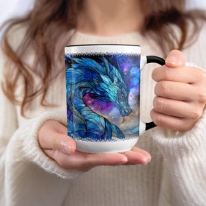 Blue Dragon Mug: Fantasy Art, Stained Glass Style, Cosmic Background