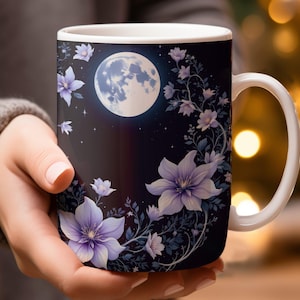 Floral Moon Mug, Celestial Coffee Cup, Mystical Flower Gift, Night Sky Drinkware, Floral Mug