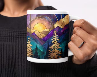 Stained Glass Mountain Tasse: Beunruhigtes Design, Sonnenaufgang, 15 Unzen großer Kaffee