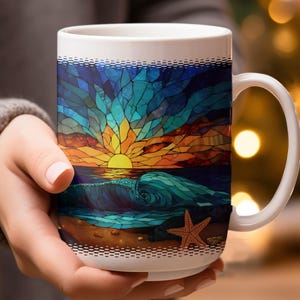Ocean Sunset Stained Glass Mug, Beach Wave Art Coffee Cup, Unique Sea Inspired Drinkware, Nautical Theme Gift for Ocean Lovers