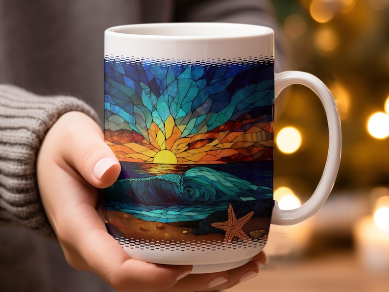 Ocean Sunset Stained Glass Mug, Beach Wave Art Coffee Cup, Unique Sea Inspired Drinkware, Nautical Theme Gift for Ocean Lovers