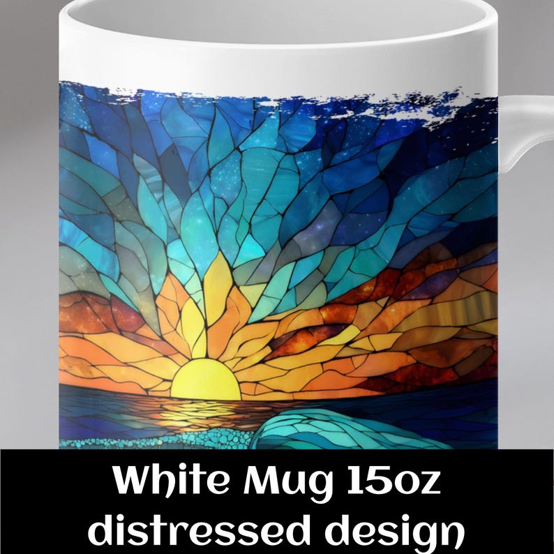 Sunset Over Ocean Mug, Stained Glass Style Coffee Cup, Ocean Waves and Sunset Art, Unique Beach Themed Gift, Coastal Decor Mug