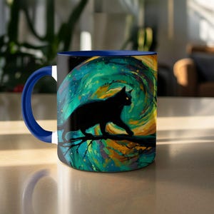 Black Cat Mug, Galaxy Cat Art, Celestial Cat, Magical Mug, Cat Lover Gift, Unique Coffee Mug, Whimsical Mug, Artistic Mug, Tree Cat Mug