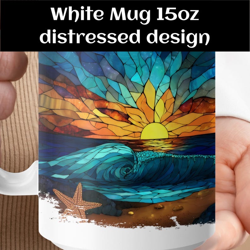 Stained Glass Ocean Sunset Mug, Beach Waves Mug, Starfish Mug, Ocean Scene Coffee Mug, Colorful Sunrise Mug, Dishwasher Safe Mug