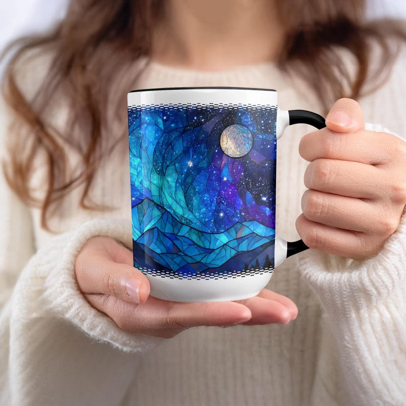 Buntglasbecher: Galaxy Mountain Design, 15 Unzen großer Becher, beunruhigt Bild 5