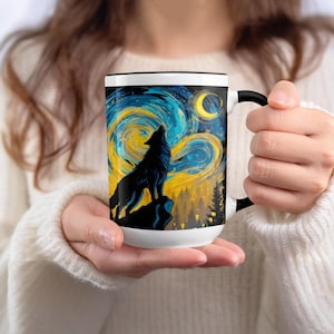Van Gogh Wolf Mug: Starry Night, Howling, Art Design, Ceramic