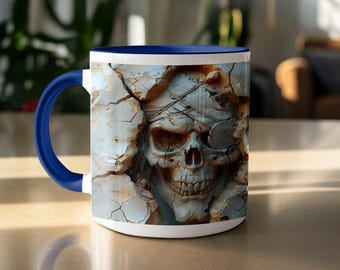 Skull Mug: Cracked, Detailed, Dark, Skull Head Graphic, Symmetrical Design