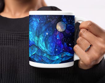 Buntglasbecher: Galaxy Mountain Design, 15 Unzen großer Becher, beunruhigt