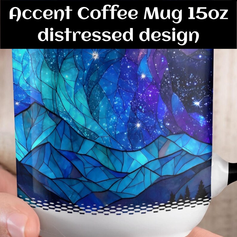 Buntglasbecher: Galaxy Mountain Design, 15 Unzen großer Becher, beunruhigt Bild 10