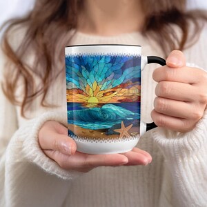 Sunset Beach Scene Mug, Ocean Sunrise Coffee Cup, Starfish Coastal Decor, Seaside Morning Beverage, Artistic Ceramic Mug