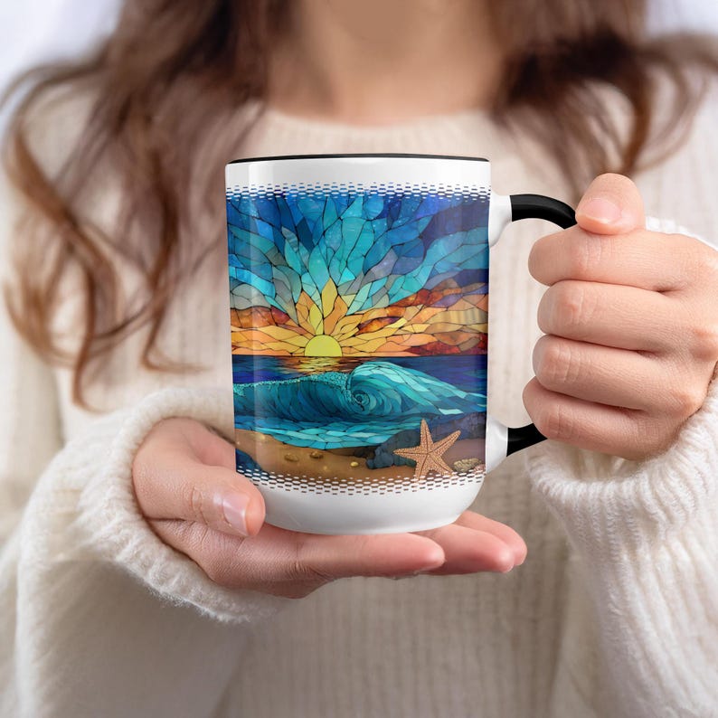 Sunset Beach Scene Mug, Ocean Sunrise Coffee Cup, Starfish Coastal Decor, Seaside Morning Beverage, Artistic Ceramic Mug