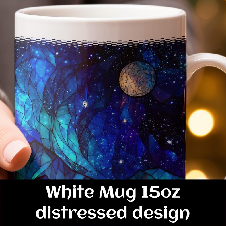 Buntglasbecher: Galaxy Mountain Design, 15 Unzen großer Becher, beunruhigt Bild 11