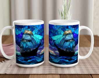 海景ステンドグラス、夕暮れの海の波、波間を航行する帆船 - Etsy 日本
