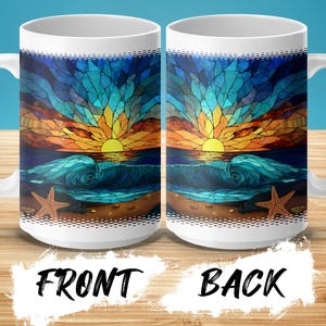 Ocean Sunset Stained Glass Mug, Beach Waves Coffee Cup, Colorful Starfish Ceramic Mug, Coastal Art Drinkware, Sea Themed Gift
