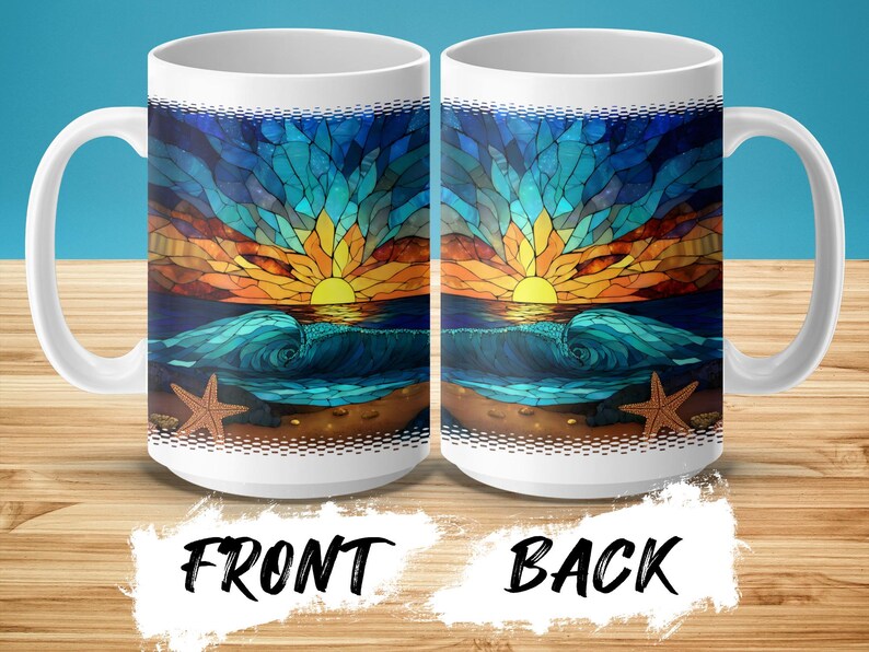 Ocean Sunset Stained Glass Mug, Beach Waves Coffee Cup, Colorful Starfish Ceramic Mug, Coastal Art Drinkware, Sea Themed Gift