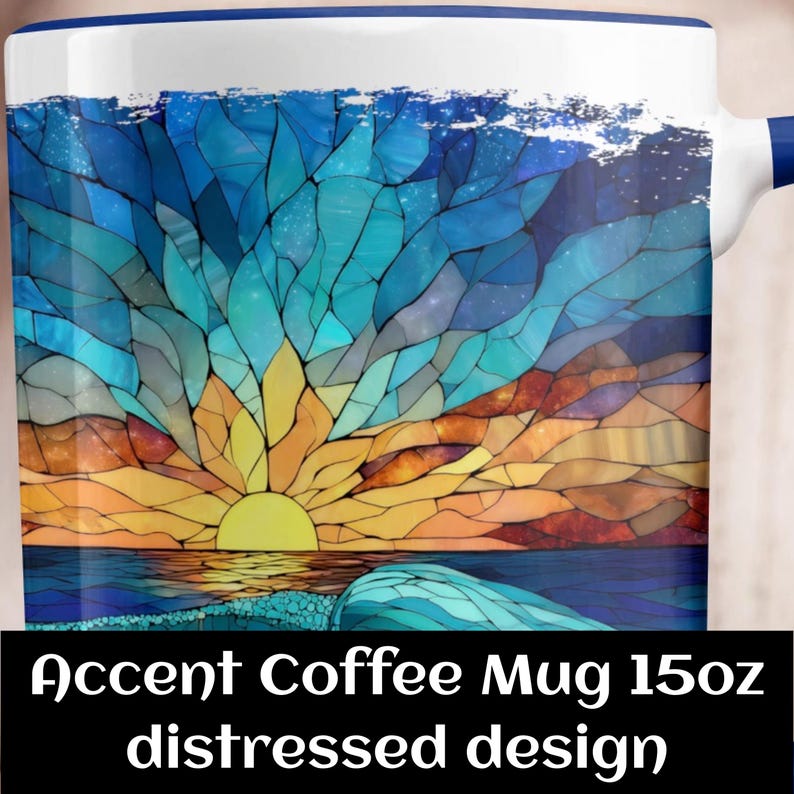 Colorful ocean sunrise coffee mug, unique seashell beach scene cup, vibrant sunrise wave design, perfect gift for nature lovers