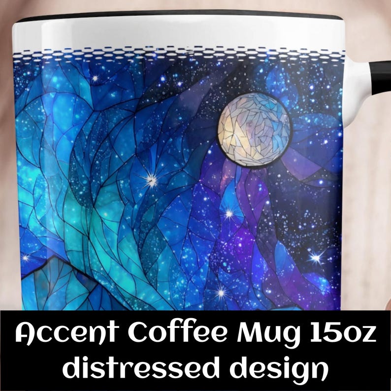 Buntglasbecher: Galaxy Mountain Design, 15 Unzen großer Becher, beunruhigt Bild 9