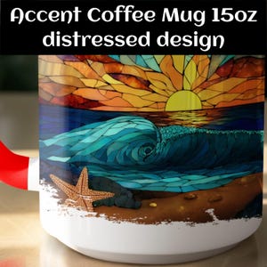 White Mug 15oz distressed design, Ocean Sunset Stained Glass Art, Nautical Sun and Waves, Coastal Coffee Cup, Beach Lover Gift