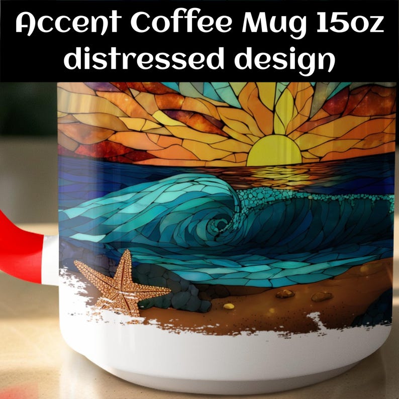 White Mug 15oz distressed design, Ocean Sunset Stained Glass Art, Nautical Sun and Waves, Coastal Coffee Cup, Beach Lover Gift