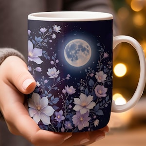 Floral Moon Mug, Night Sky Coffee Cup, Celestial Flowers Tea Mug, Mystical Gift, Nature Lover Mug, Unique Mug Design