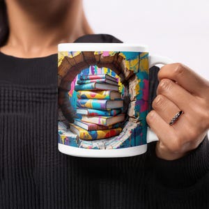 Graffiti Book Stack Mug, Colorful Artistic Coffee Cup, Reader Gift