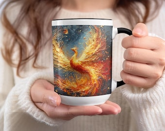 Phoenix-Becher: Orange mit Federn versehen, dunkler Hintergrund, Vogel-Kreatur, Kaffeetasse