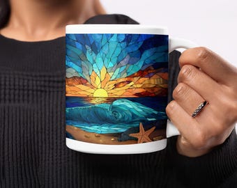 Buntglas-Tasse: Sunrise Beach, Meereswellen, Distressed Design, große Tassen