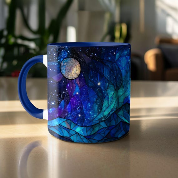 Stained Glass Mug: Galaxy Mountain Design, 15oz Big Mug, Distressed