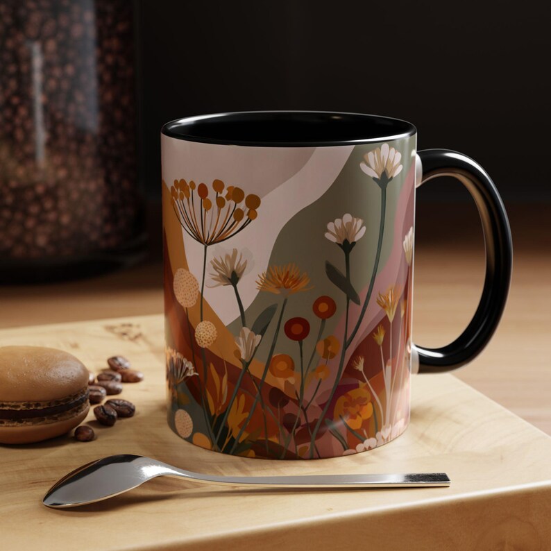 Boho Wildflower Botanical Mug, Abstract Floral Coffee Cup, Earthy Tones ...