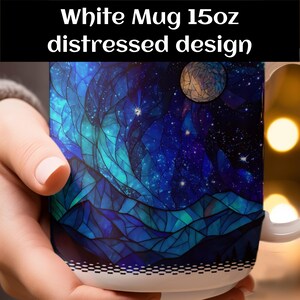 Stained Glass Mug, Blue Mountains Stars Moon Design, Celestial Night Sky, 11oz White Ceramic Mug, Microwave Dishwasher Safe