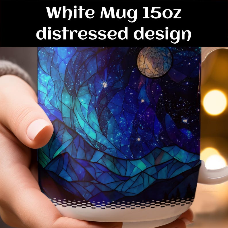 Stained Glass Mug, Blue Mountains Stars Moon Design, Celestial Night Sky, 11oz White Ceramic Mug, Microwave Dishwasher Safe