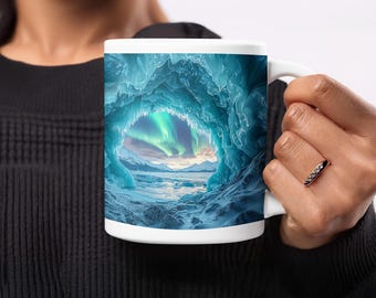 Aurora Borealis Ice Cave Ceramic Mug, Northern Lights Winter Landscape Coffee Cup