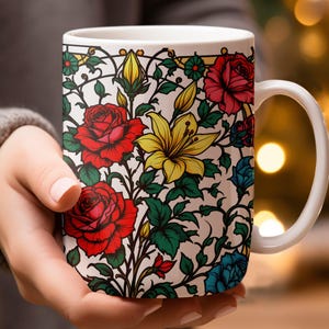 Floral Stained Glass Mug, Rose and Lily Mug, Art Nouveau Mug, Flower Mug, Floral Art Mug, Gift for Her, Unique Mug, Decorative Mug