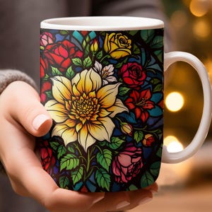 Stained Glass Floral Mug, Colorful Flower Cup, Rose Lily Coffee Mug, Unique Art Mug, Tea Cup, Gift Mug, Bright Kitchen Decor