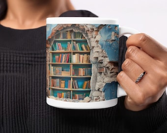 Bücherregal-Tasse: Einzigartiges Design, detailliertes Bücherregal, lebendige Farben