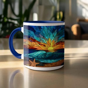 Colorful Beach Sunset Ceramic Mug, Ocean Wave Coffee Cup, Starfish Shells Design, Unique Artistic Stained Glass Style, Coastal Decor