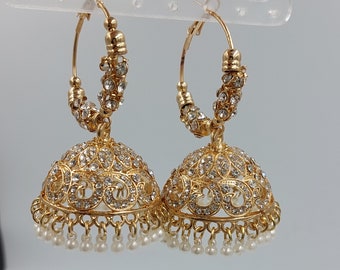 South Asian Gold Plated Jhumke with Pearl Detailing