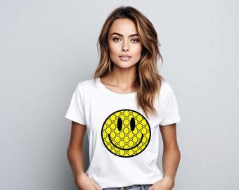 Luxury Graphic Tee, designer inspired women's tee shirt, smiley face yellow