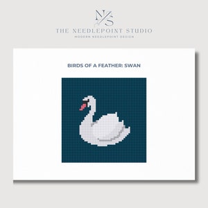 May include: A white swan with a pink beak is embroidered on a dark blue background. The design is titled "Birds of a Feather: Swan".