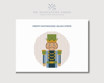 Preppy Nutcracker Ornament - Stripes in Blush | Digital Needlepoint Pattern PDF