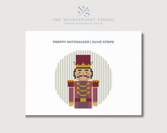 Preppy Nutcracker Ornament - Stripes in Olive | Digital Needlepoint Pattern PDF