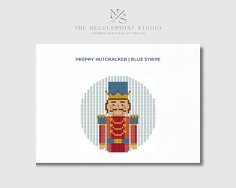 Preppy Nutcracker Ornament - Stripes in Blue | Digital Needlepoint Pattern PDF