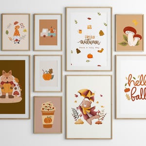 Juego de 10 pósteres de calabaza para decoración del hogar con ambiente otoñal, imprimibles, con estilo playero, para imprimir Hola otoño