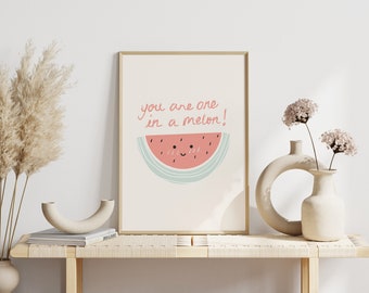 You're One in A Melon Poster, Cute Watermelon Prints, Watermelon Graphic, Watermelon Quote Art, Nursery Room Decor, Printable Poster