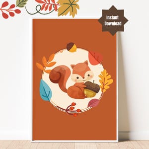 Niedliches Eichhörnchen in gemütlichem Herbst-Outfit, digitale Kunst, druckbare Herbst-Wandkunst, gemütliche Herbst-Dekoration, Waldtiere in Pullovern, druckbare Herbst-Kunst